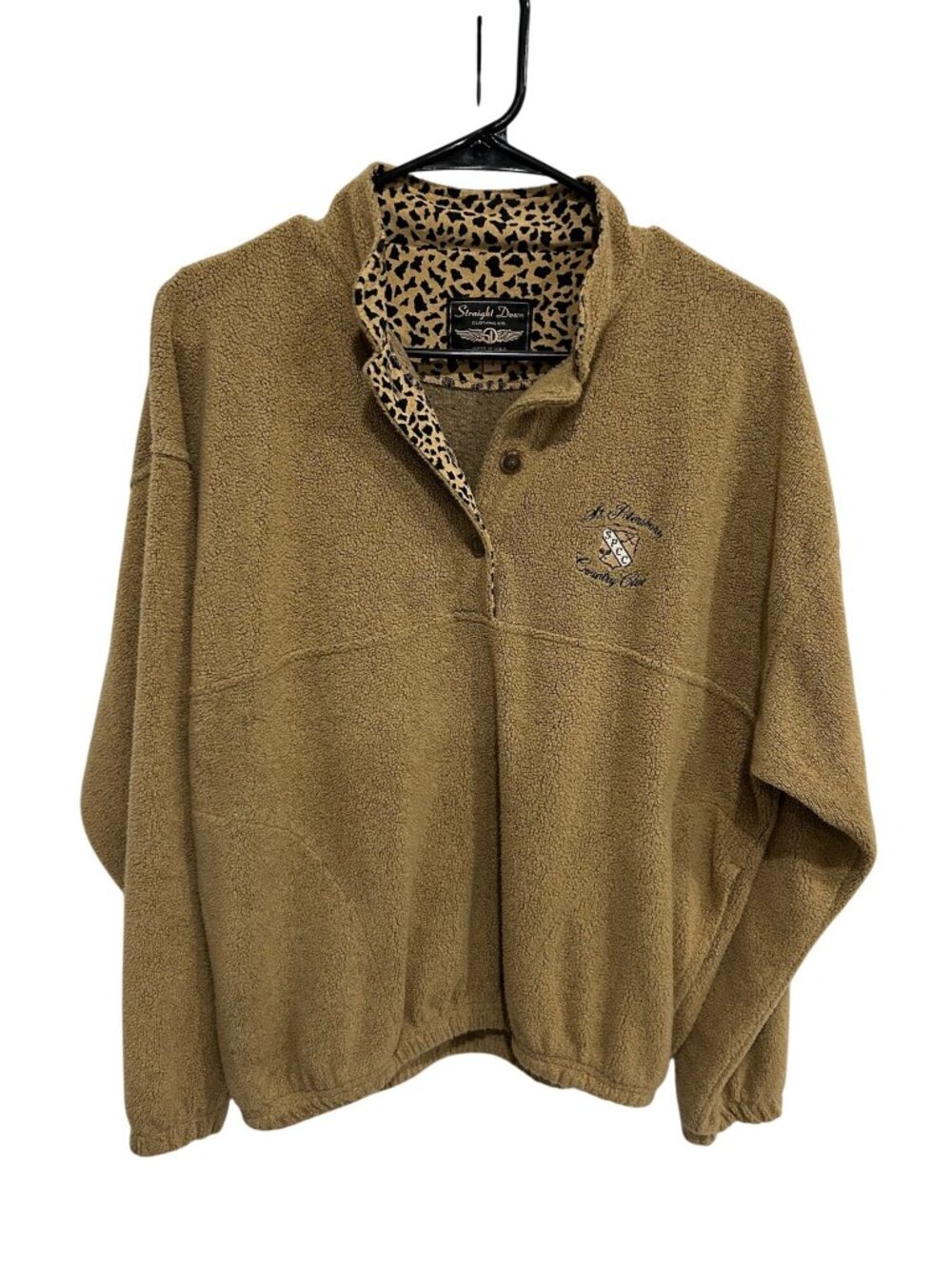 Straight Down Pullover Tan Fleece Leopard Lined Collar Size Small Golf Gorpcore